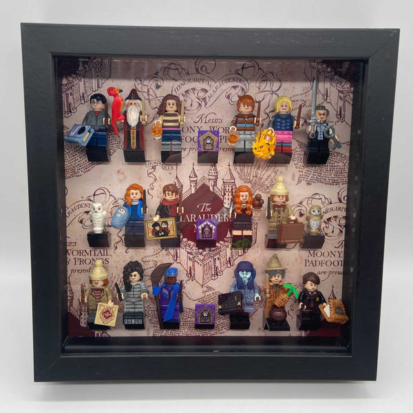 Display case with complete set of 16 Harry Potter Series 2 collectible minifigures